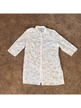 Vintage Sheer White Floral Fabric Buttoned Tunic Top By UNITS Size PXL